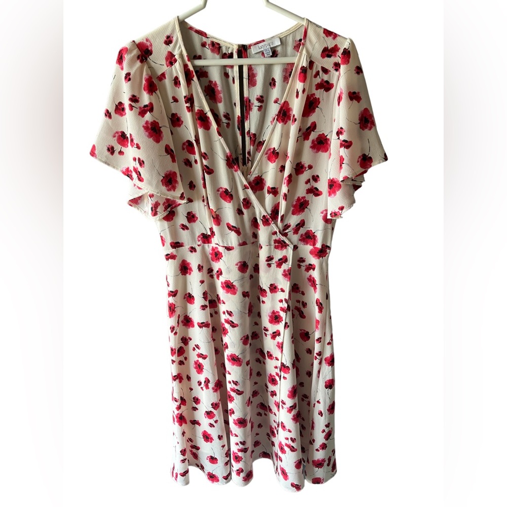 Floral Wrap Dress in Cream with Red Poppy Flower Print